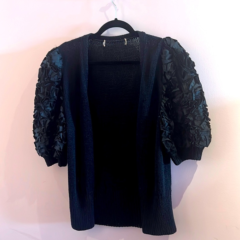 Black, puffy sleeve button down knit sweater